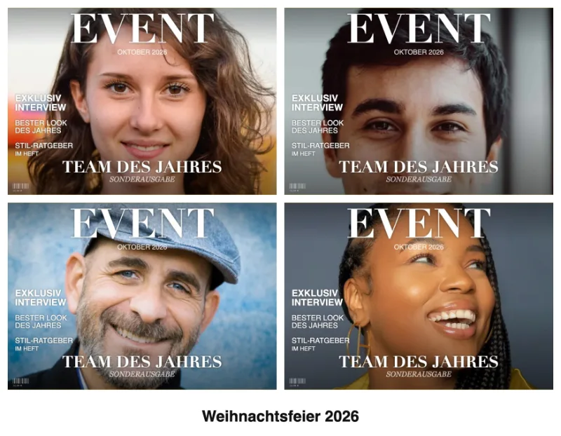 Fotobox-Collage im Postkartenformat mit Magazin-Cover-Effekt und Titel „Team des Jahres“