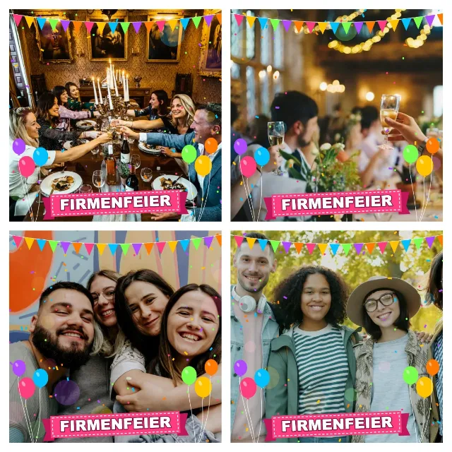 2×2-Collage aus der Fotobox-App mit Party-Effekt: Wimpelkette, Luftballons und Banner „Firmenfeier“