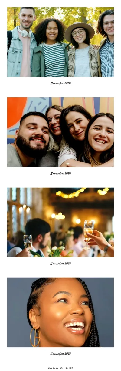 Fotostreifen mit 4 Fotos im Sofortbild-Rahmen und dem Text „Sommerfest 2026“, aufgenommen mit der Fotobox-App