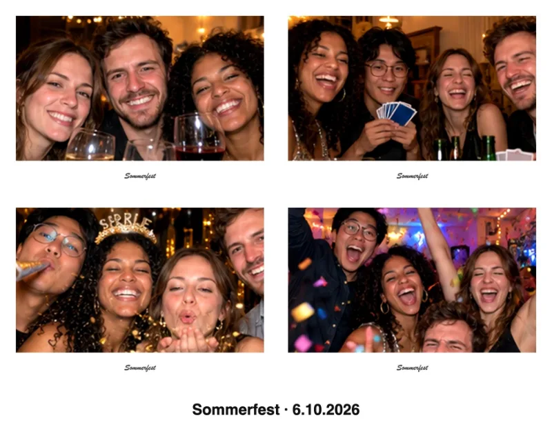 Fotobox-Collage im Postkartenformat mit Sofortbild-Effekt und Bildunterschrift