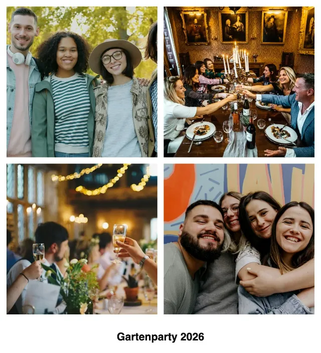 2×2-Fotobox-Collage ohne Effekt mit der Bildunterschrift „Gartenparty 2026“