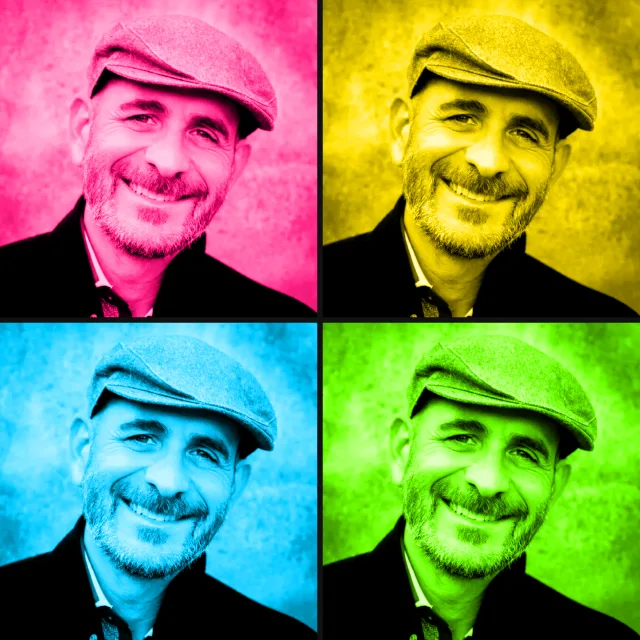 Pop-Art-Effekt der Fotobox: vier bunte Kacheln eines Porträts im Warhol-Stil