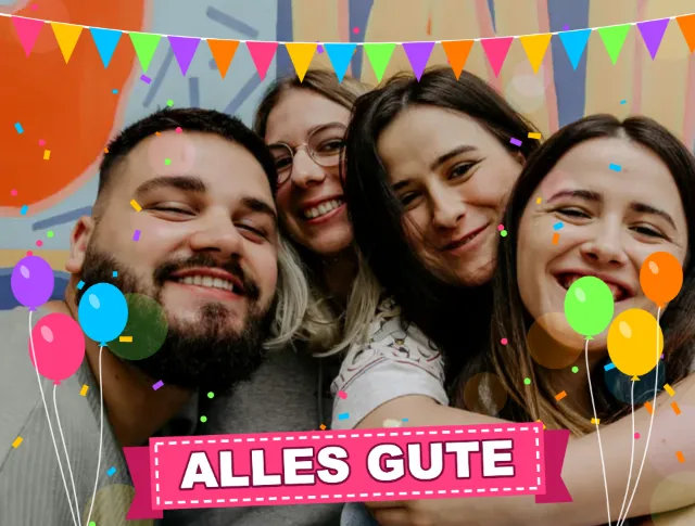 Freunde mit Konfetti, Wimpelkette und Banner aus dem Party-Effekt, im Fensterformat der Vorlagen