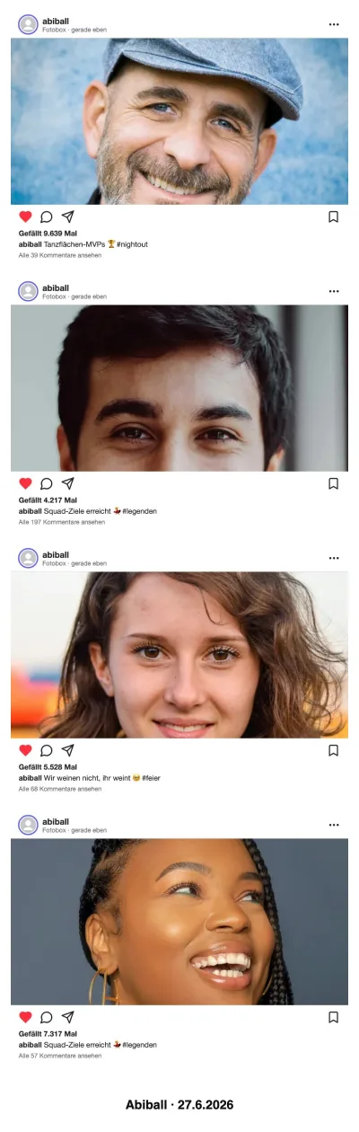 Fotostreifen im Social-Post-Rahmen mit der Bildunterschrift Abiball unter den Fotos