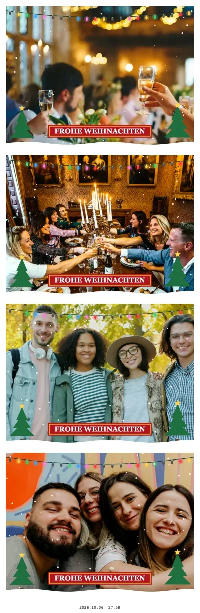 Weihnachtlicher Fotostreifen von Freunden beim Festessen mit Lichterkette, Schnee, Tannenbäumen und Banner „Frohe Weihnachten“