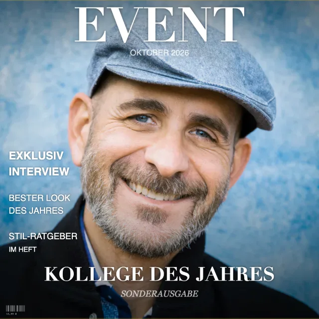 Magazin-Cover-Effekt auf dem Porträt eines lächelnden Mannes mit Schiebermütze, Schlagzeile „Kollege des Jahres“