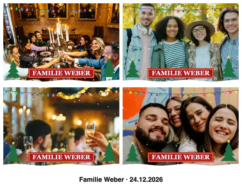 Selbst gemachte Weihnachtskarte im Postkartenformat: vier Gruppenfotos mit Weihnachts-Effekt, Familienname im Banner und Datum darunter
